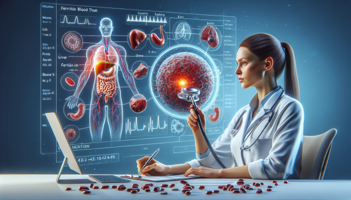 Ferritin Blood Test in Wakefield: Illustration depicting ferritin test revealing iron storage in liver, spleen, bone marrow, alongside analysis by a healthcare professional.