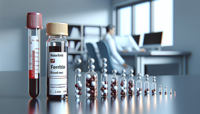 A ferritin blood test vial, iron supplements, and a chart illustrating increasing ferritin levels in a Wakefield clinic.