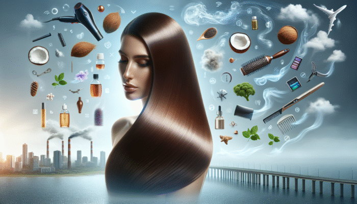 Woman showcasing her repaired, shiny hair using coconut and argan oil, shielded from environmental stressors and styling tools.