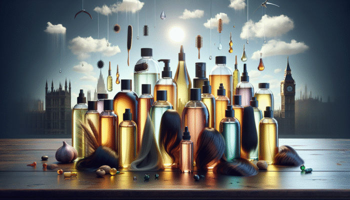 A collection of hair oils on a wooden table, each labelled with benefits and suitable hair types, set against a backdrop representing the UK weather.