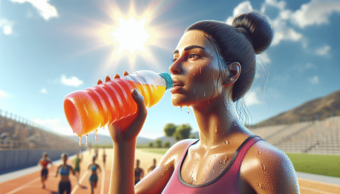 Person drinking colourful electrolyte drink, sweating in a hot, sunny environment, highlighting the importance of hydration and physical activity.