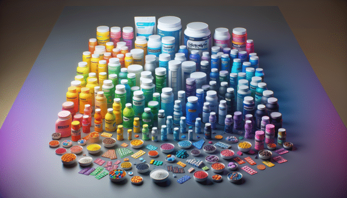 A vibrant selection of electrolyte supplements in powders, tablets, and beverages displayed on a table.