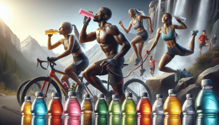 Vibrant ready-to-drink electrolyte beverages with athletes hydrating during intense workouts.