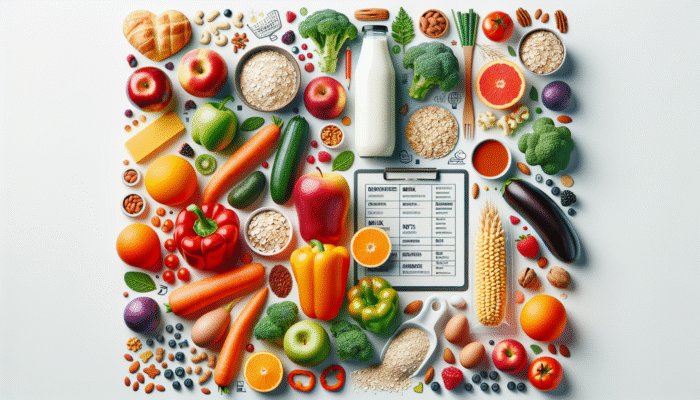A colourful array of fruits, vegetables, whole grains, low-fat dairy, lean proteins, and nuts on a shopping list.