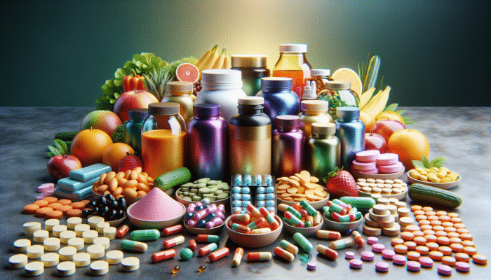 A vibrant assortment of dietary supplements displayed on a table, accompanied by fruits and vegetables.