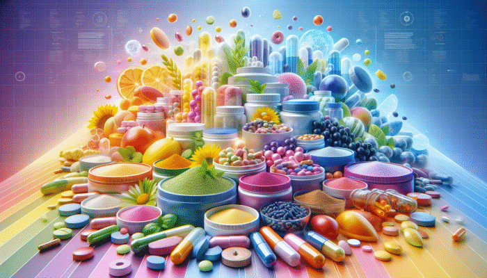 A vibrant display of dietary supplements in various forms such as capsules, tablets, and powders against a lively backdrop.