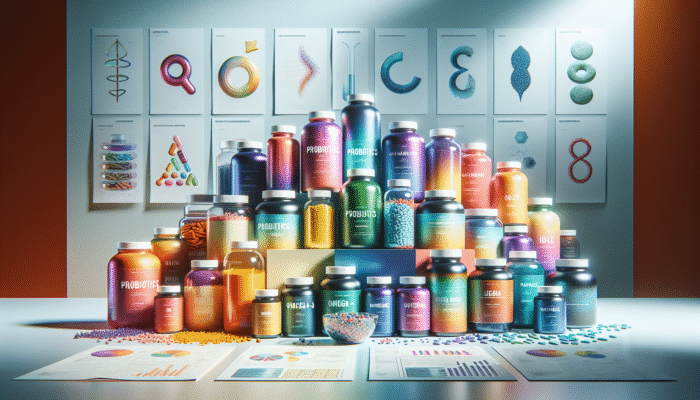 A selection of specialty supplement bottles, including probiotics, omega-3, and protein powders, set against a health-focused background.
