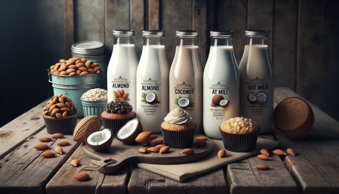 Bottles of almond, coconut, and oat milk displayed on a wooden table alongside desserts showcasing their flavours.