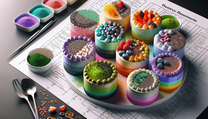 Vibrant dairy-free desserts featuring chia seeds, flaxseeds, and spirulina, showcasing texture and health benefits.