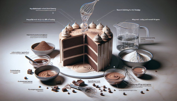 Vegan chocolate cake featuring aquafaba, gently mixed to avoid overmixing, achieving an airy texture and harmonious flavours.