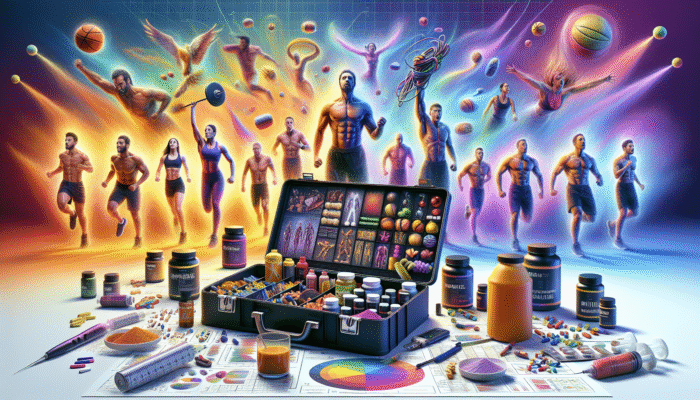 A toolkit labelled "Recovery Stacks" with supplements, surrounded by athletes showing muscle recovery and vitality.