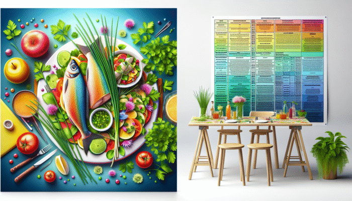 A spring table with fresh chives, parsley, salad, and fish, showcasing British cuisine's seasonal flavours.