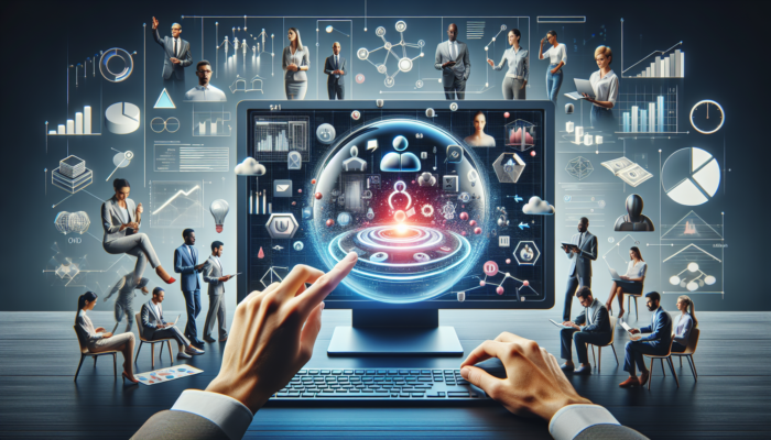 Digital workspace with Google My Business on screen, experts collaborating on strategies for online visibility.