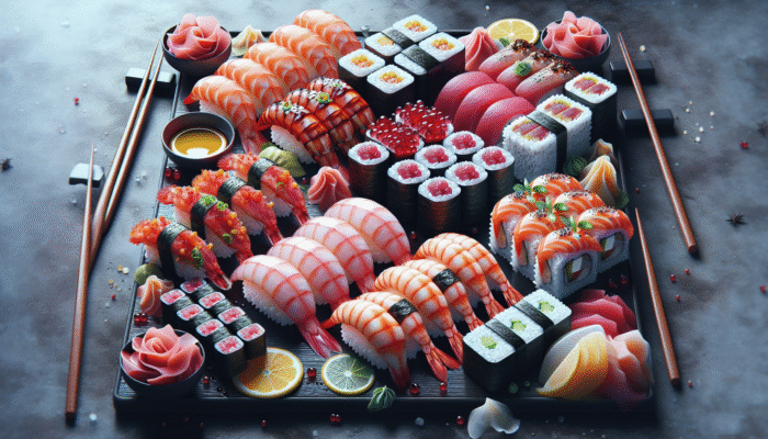 A sushi platter with diverse flavours including sweet shrimp nigiri, spicy tuna rolls, and tangy citrus sashimi.