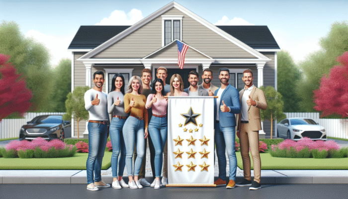 Satisfied homeowners giving thumbs-up in front of their home, proudly displaying a banner with top-rated home service logo and reviews.