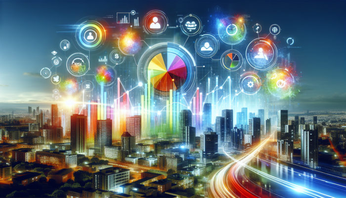 A vibrant Bing business profile displaying graphs that indicate increased traffic and trust, set against a lively city backdrop.