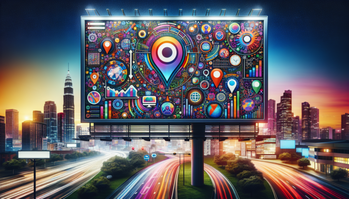 A vibrant digital billboard displaying "Boost Your Local SEO with Bing My Business" alongside SEO icons against a cityscape at dusk.