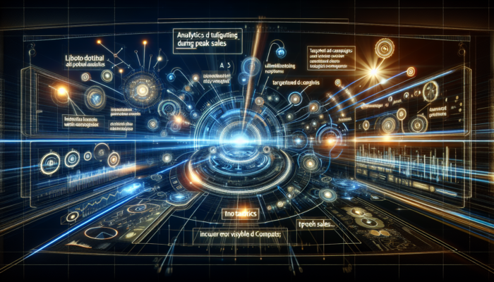 Futuristic interface of Bing Places for Business with Bing Ads, showcasing analytics and targeted campaigns during peak sales.