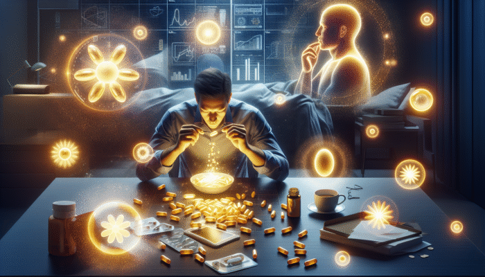 A person taking supplements in a vibrant morning scene, surrounded by glowing B vitamins and vitamin C.