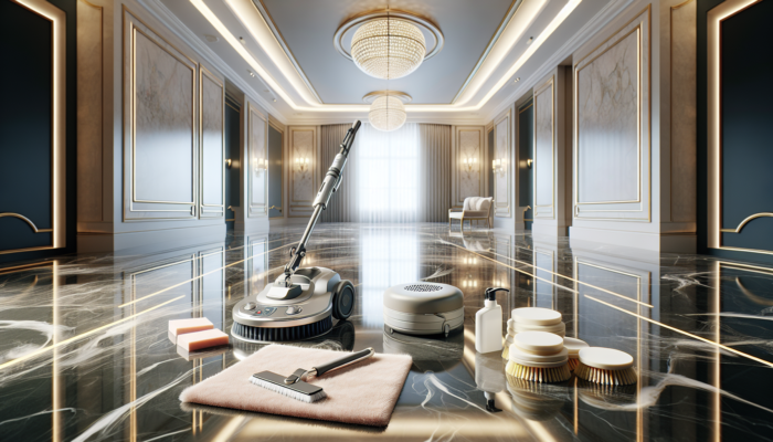 Soft microfiber cloth, non-abrasive pads, and delicate mop cleaning marble floor, with soft-bristle brush and marble polish machine nearby in a luxurious room.