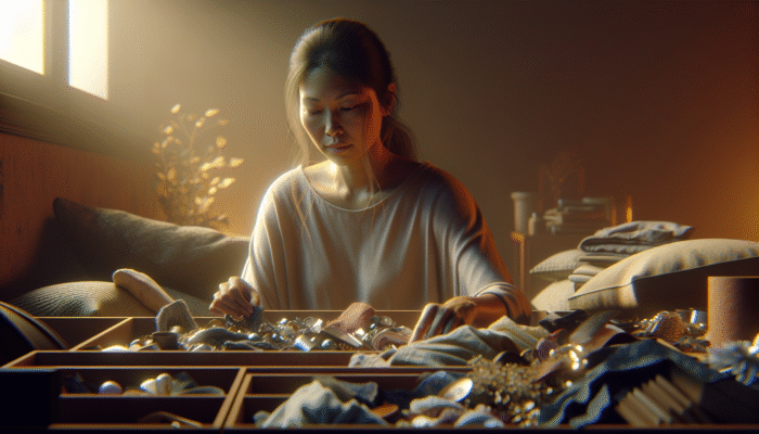 A person sorting sentimental items with a serene expression, surrounded by warm lighting, symbolising compassionate decluttering.