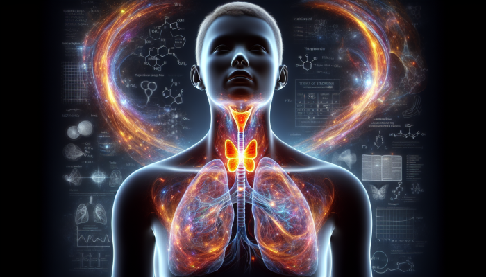 Advanced Thyroid Blood Test in Grimsby: Butterfly-shaped thyroid gland at neck's base, glowing, releasing T3 and T4 hormones, enhancing metabolism and emotional health.