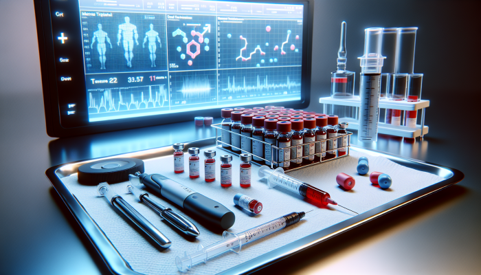 Illustration depicting a male hormone blood test with vials, a syringe, and a hormonal balance chart in a clinical environment.
