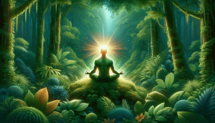 Survival Motivation Tips: A person meditating in a lush forest, symbolising mental resilience and mindfulness with a glowing light from their head.