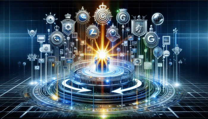 Digital Marketing Agency: A glowing website at the centre, surrounded by search engine logos, enhanced by arrows and keywords.