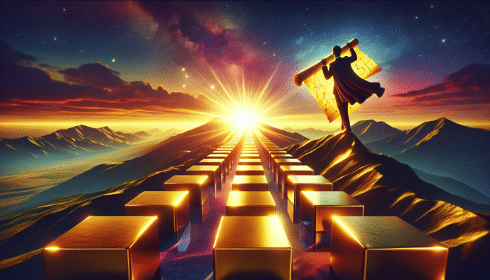 A person atop a mountain with a glowing scroll, golden steps leading up, symbolising success.