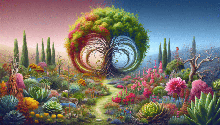 A vibrant garden featuring resilient plants like succulents and perennials thriving post-disaster.