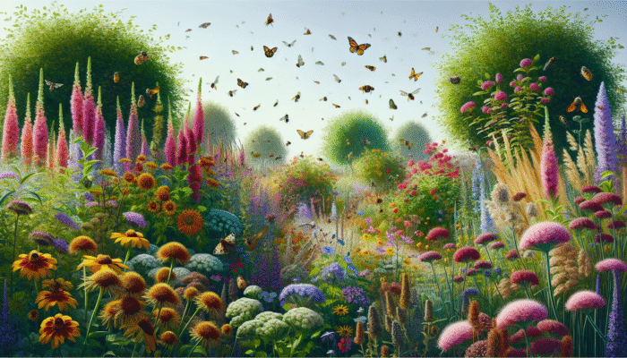 A vibrant garden featuring native wildflowers and shrubs, attracting pollinators and providing wildlife shelter.