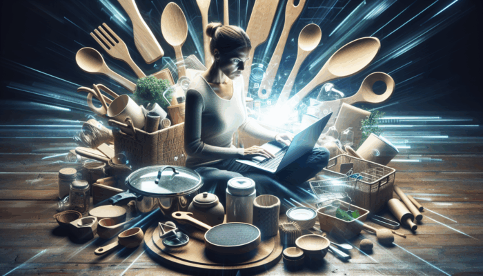Individual utilising a laptop with SEO tools, showcasing eco-friendly kitchen utensils, achieving high visibility for "sustainable kitchen tools" in search results.