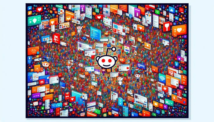 Engage in Local Reddit Communities for SEO: A colourful collage representing Reddit's diverse subreddits and user interactions.