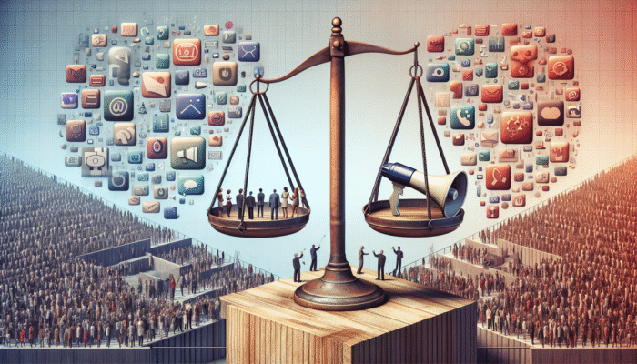 A scale balancing a megaphone and people talking, symbolising Reddit's promotion and interaction balance.