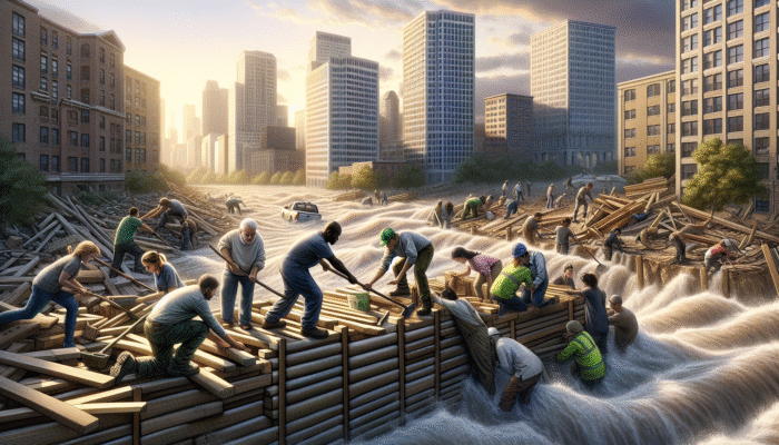 A fortified urban community collaborating on defence strategies against floods and earthquakes, emphasising emotional support and resilience.