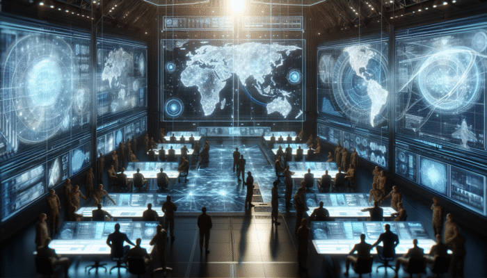 A strategic military command center with officers planning a robust defence using advanced technology.