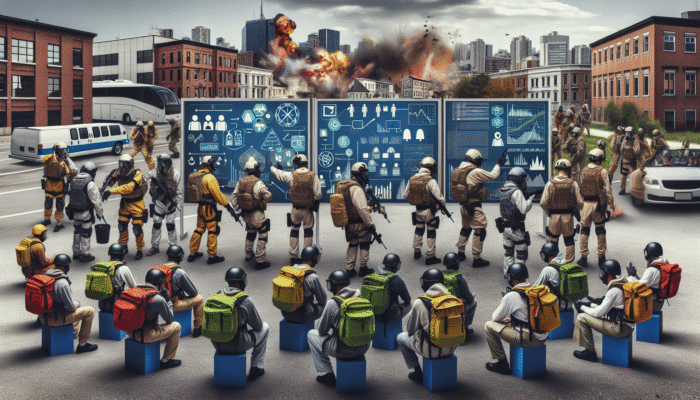Community defence training: diverse group in protective gear practicing emergency drills in an urban setting with instructors.