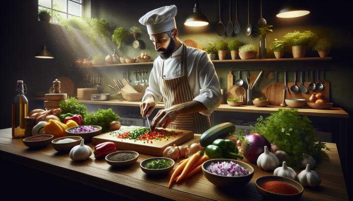 A chef diligently chopping vibrant vegetables and herbs on a wooden cutting board in a bustling kitchen environment.