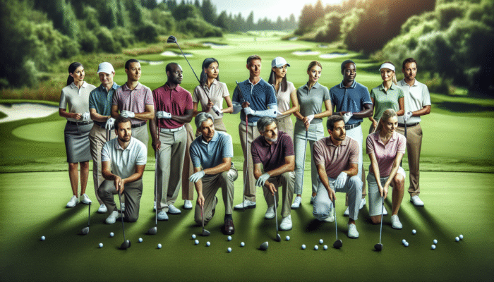 A diverse golf team on a lush course, showcasing strategic skill balance and teamwork.