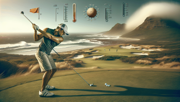 Golfer adapting strategy on South African course, adjusting for coastal winds and inland heat.