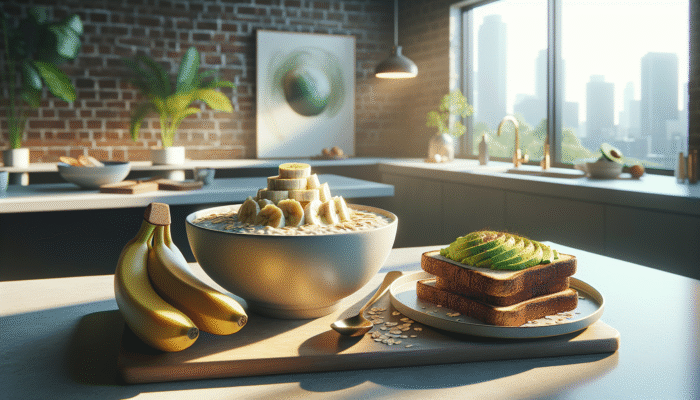 Oatmeal with sliced bananas and whole grain toast with avocado on a modern kitchen counter.