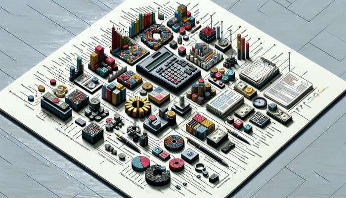A desk with financial documents, calculator, and charts for tax debt consolidation planning.