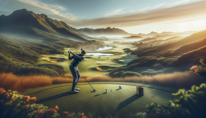 Golf player at Fancourt, feet shoulder-width apart, balancing on undulating terrain, preparing swing.