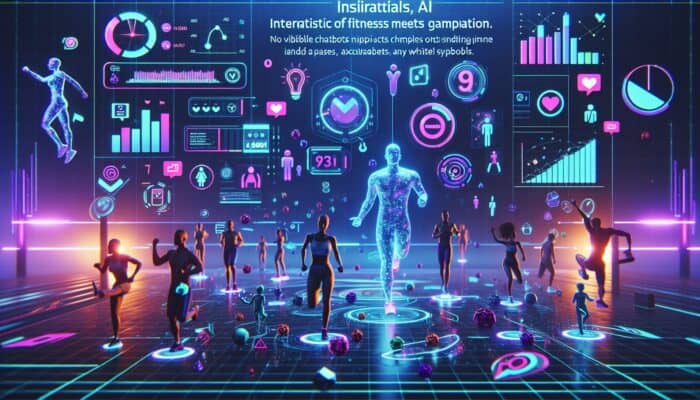 A futuristic fitness video interface featuring points, badges, leaderboard, animated avatars, and AI chatbots in a vibrant digital atmosphere.