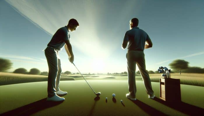 Beginner golfer analysing swing with coach on green course, using two-piece ball for straighter shots.