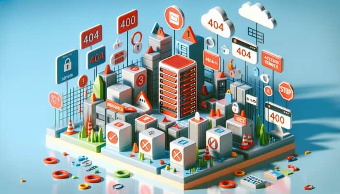 Icons representing a red server, broken 404 URLs, unresolved DNS issues, and locked access-denied scenarios that hinder website visibility in search results.