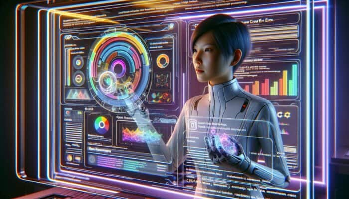 A webmaster monitoring Google Search Console data on a holographic display in a futuristic, technology-rich environment.