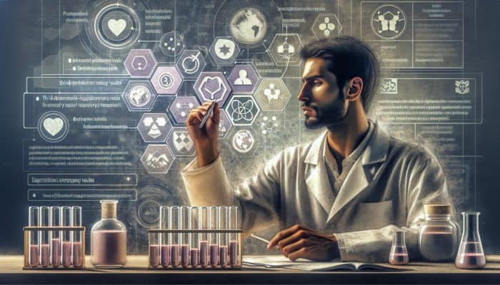 A scientist analysing a supplement brand's history, values, and transparency with digital icons and online forums.