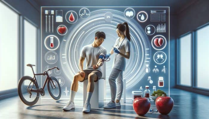 A person receiving a blood test in a clinic, surrounded by symbols of early detection for diabetes and high cholesterol, alongside healthy diet and exercise icons.